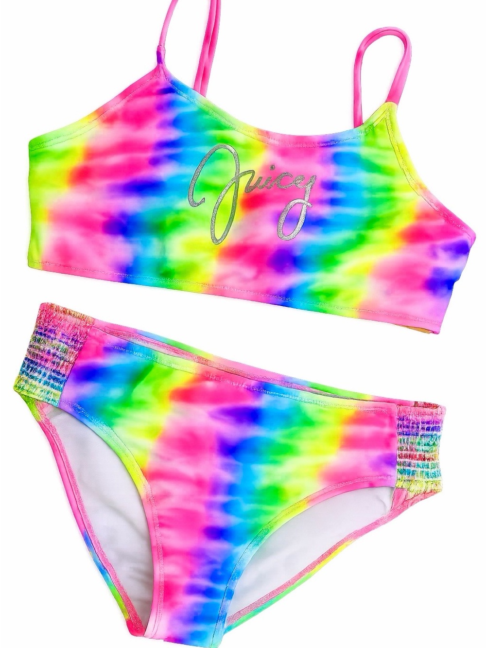 Juicy Couture Neon Rainbow Tie-Dye Bikini Set Pink Green, Blue Girls Size 12